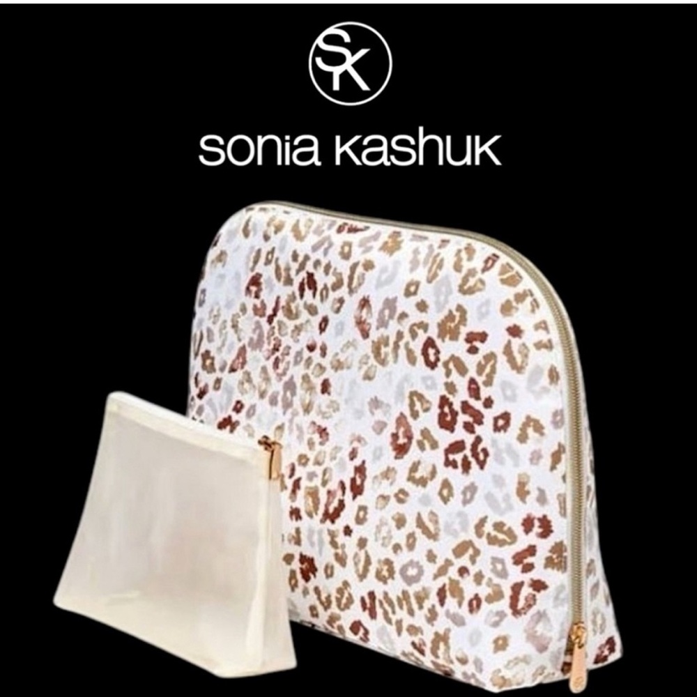 Sonia Kashuk Rose Gold and Brown Leopard Cosmetic Bag Set New